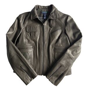 Boston Proper Olive Gray Leather Bomber Jacket